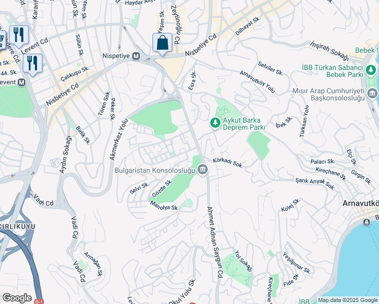 map of restaurants, bars, coffee shops, grocery stores, and more near 5 Hakkı Şehit Han Sokak in Beşiktaş