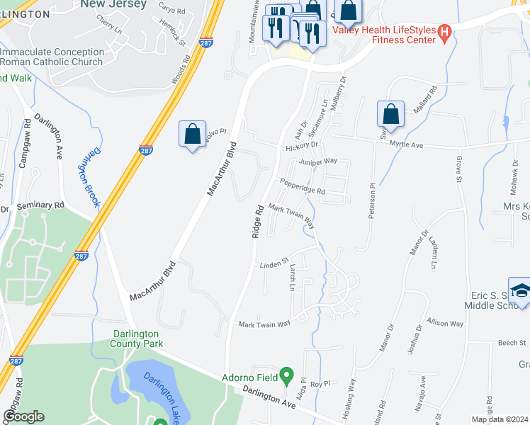 map of restaurants, bars, coffee shops, grocery stores, and more near 394 Poets Way in Mahwah