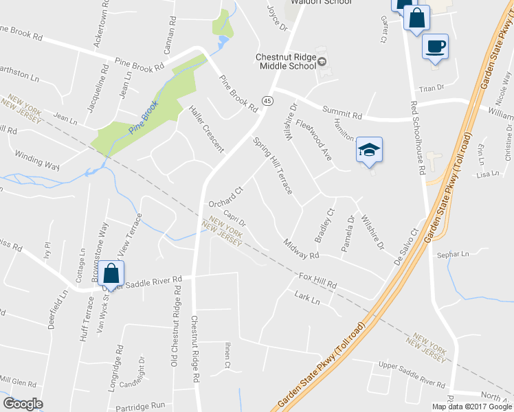 map of restaurants, bars, coffee shops, grocery stores, and more near 38 Midway Road in Spring Valley