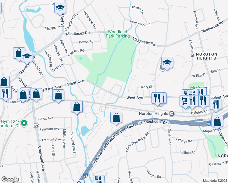 map of restaurants, bars, coffee shops, grocery stores, and more near 1 Brown Street in Darien