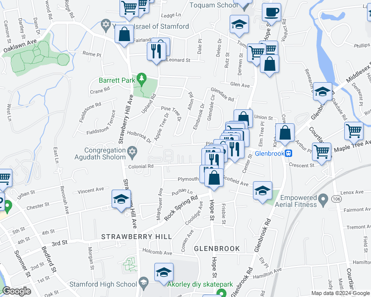 map of restaurants, bars, coffee shops, grocery stores, and more near 110 Pine Hill Avenue in Stamford