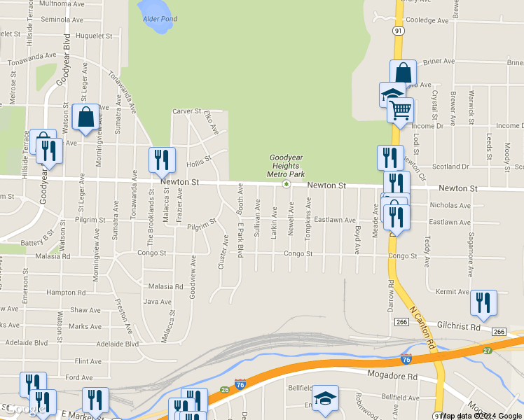 map of restaurants, bars, coffee shops, grocery stores, and more near 457 Sullivan Avenue in Akron