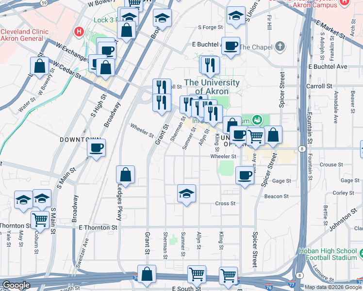 map of restaurants, bars, coffee shops, grocery stores, and more near 429 Sumner Street in Akron