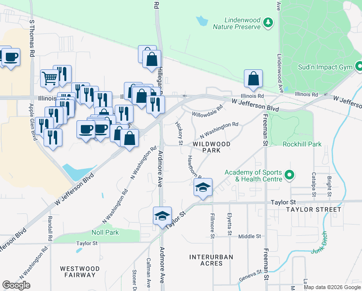 map of restaurants, bars, coffee shops, grocery stores, and more near 3698 N Washington Rd in Fort Wayne