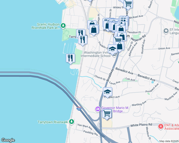 map of restaurants, bars, coffee shops, grocery stores, and more near 132 Macarthur Lane in Tarrytown