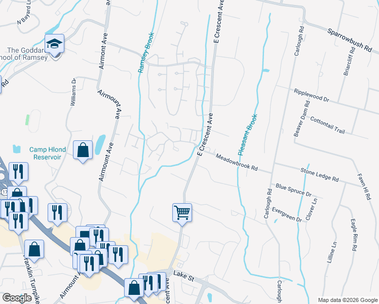 map of restaurants, bars, coffee shops, grocery stores, and more near 399 Cambridge Drive in Ramsey