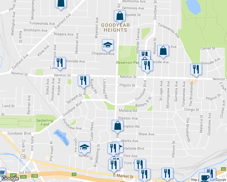 map of restaurants, bars, coffee shops, grocery stores, and more near 1533 Hillside Terrace in Akron