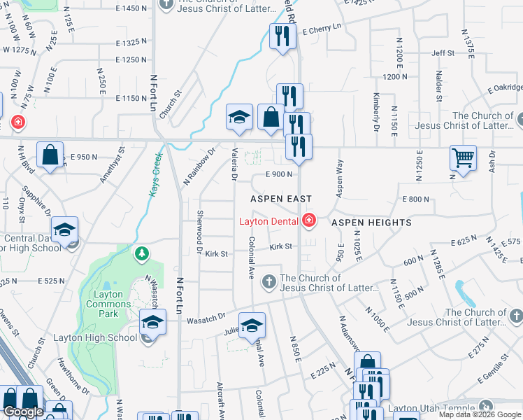 map of restaurants, bars, coffee shops, grocery stores, and more near 765 East 750 North in Layton