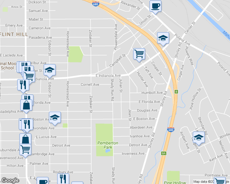 map of restaurants, bars, coffee shops, grocery stores, and more near 2761 Shady Run Road in Youngstown