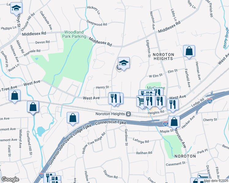 map of restaurants, bars, coffee shops, grocery stores, and more near 180 Hollow Tree Ridge Road in Darien