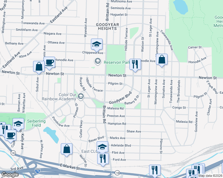 map of restaurants, bars, coffee shops, grocery stores, and more near 1571 Hillside Terrace in Akron