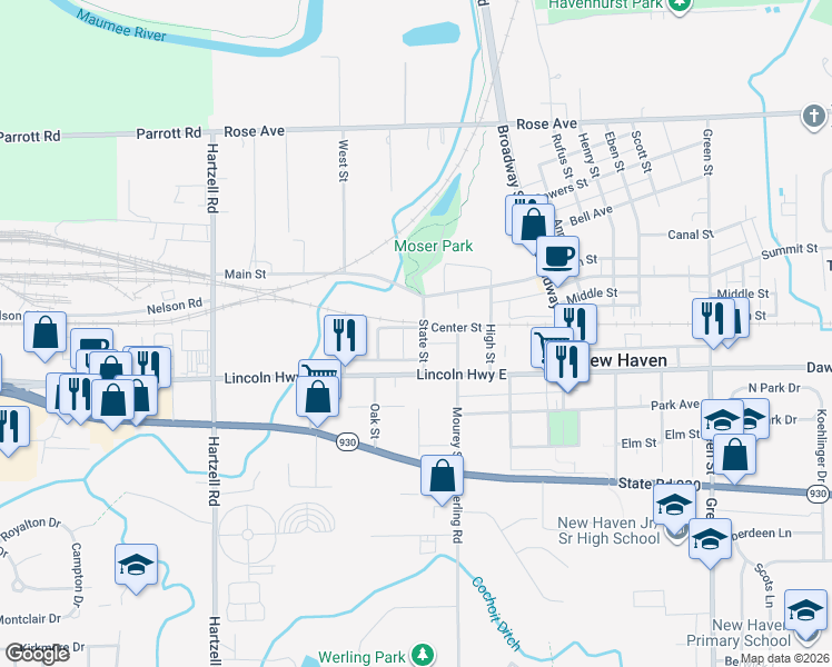map of restaurants, bars, coffee shops, grocery stores, and more near 534 Center Street in New Haven