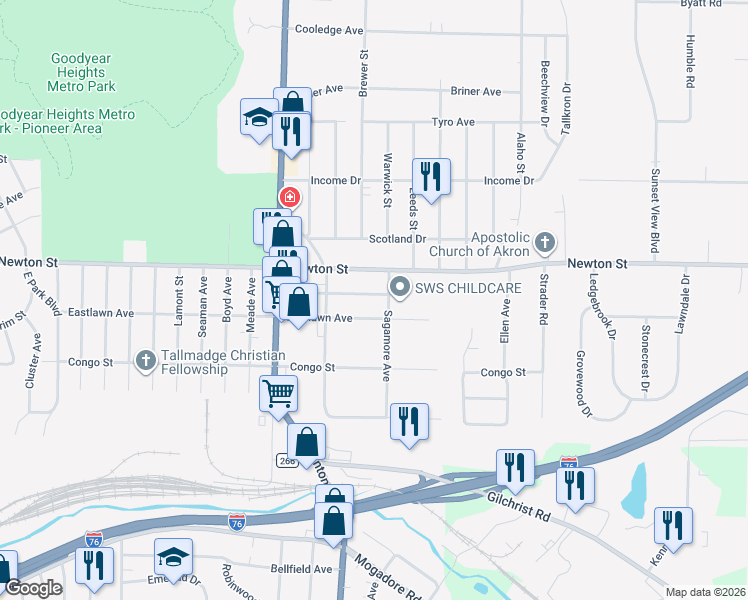 map of restaurants, bars, coffee shops, grocery stores, and more near 2384 Nicholas Avenue in Akron
