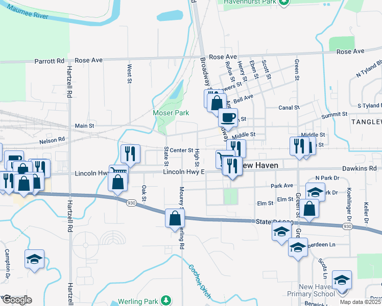 map of restaurants, bars, coffee shops, grocery stores, and more near 730 Center Street in New Haven