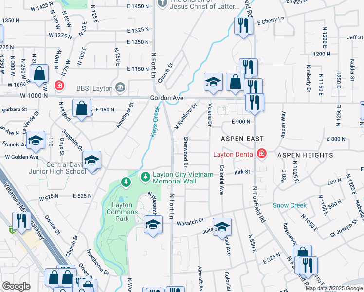 map of restaurants, bars, coffee shops, grocery stores, and more near 790 North Fort Lane in Layton