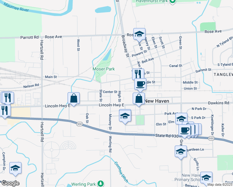 map of restaurants, bars, coffee shops, grocery stores, and more near 730 Center Street in New Haven