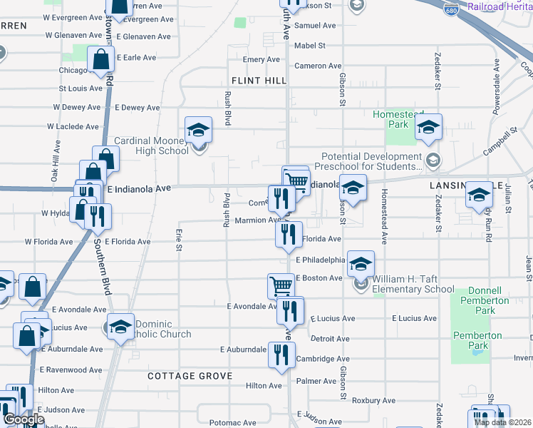 map of restaurants, bars, coffee shops, grocery stores, and more near 366 Marmion Avenue in Youngstown