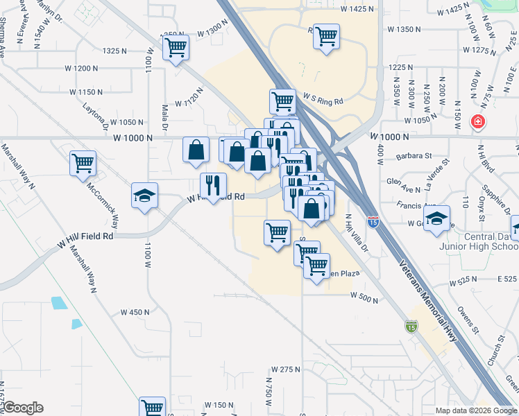 map of restaurants, bars, coffee shops, grocery stores, and more near 849 W Hill Field Rd in Layton