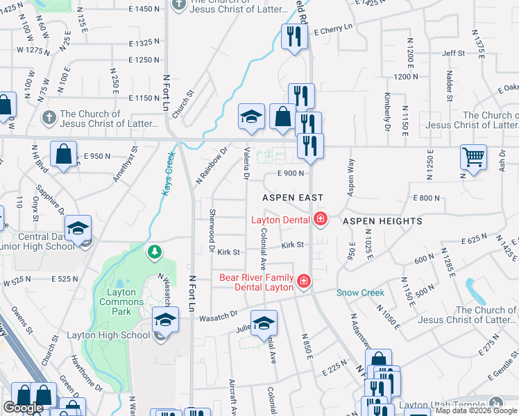 map of restaurants, bars, coffee shops, grocery stores, and more near 780 Valeria Drive in Layton