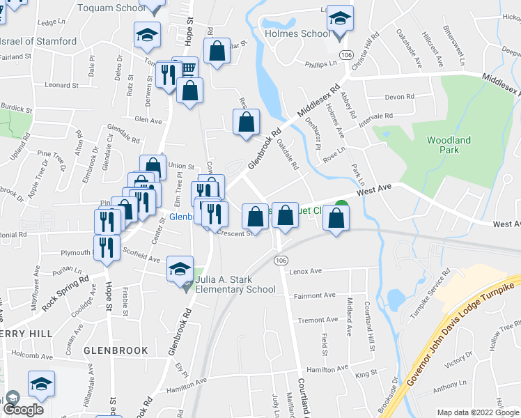 map of restaurants, bars, coffee shops, grocery stores, and more near 35 Arthur Place in Stamford