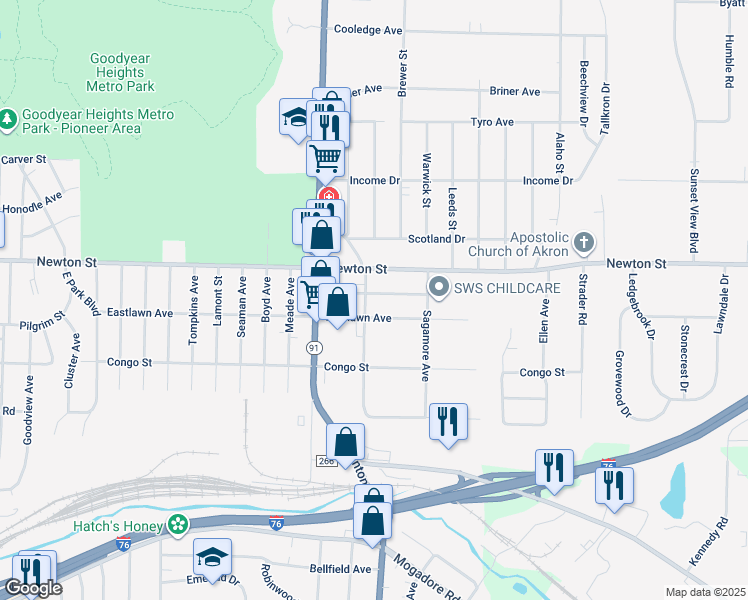 map of restaurants, bars, coffee shops, grocery stores, and more near 2346 Nicholas Avenue in Akron