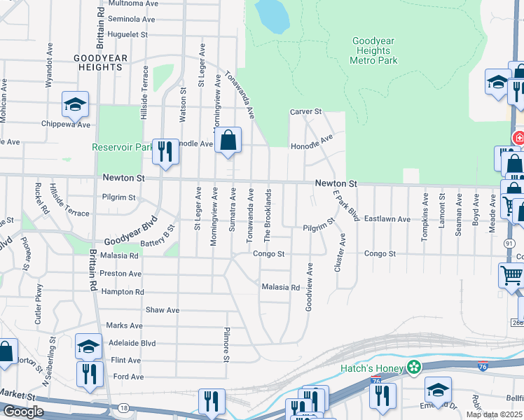 map of restaurants, bars, coffee shops, grocery stores, and more near 1909 Tonawanda Avenue in Akron