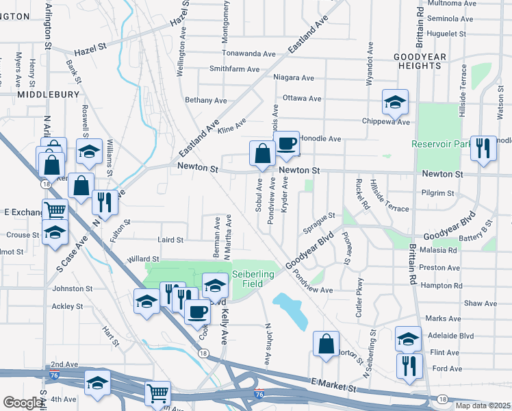 map of restaurants, bars, coffee shops, grocery stores, and more near 271 Sobul Avenue in Akron