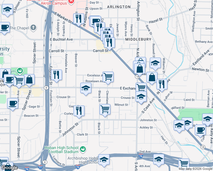 map of restaurants, bars, coffee shops, grocery stores, and more near 794 Roselawn Avenue in Akron