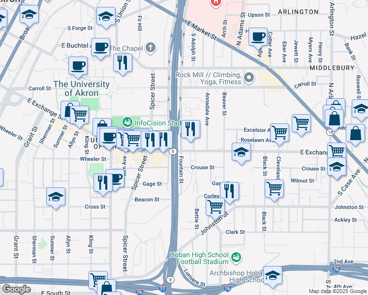 map of restaurants, bars, coffee shops, grocery stores, and more near 313 Fountain Street in Akron