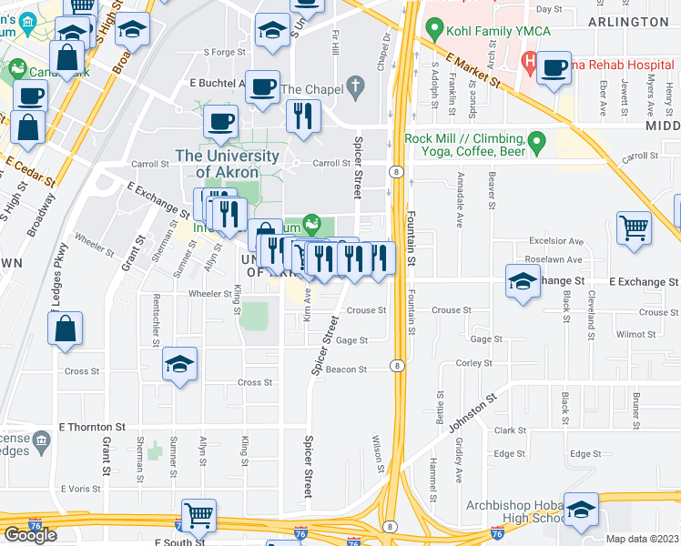 map of restaurants, bars, coffee shops, grocery stores, and more near 459 East Exchange Street in Akron
