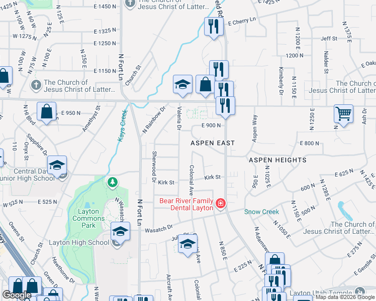 map of restaurants, bars, coffee shops, grocery stores, and more near 780 Valeria Drive in Layton