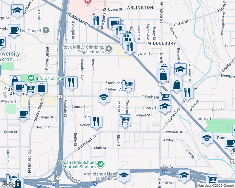 map of restaurants, bars, coffee shops, grocery stores, and more near 755 East Exchange Street in Akron
