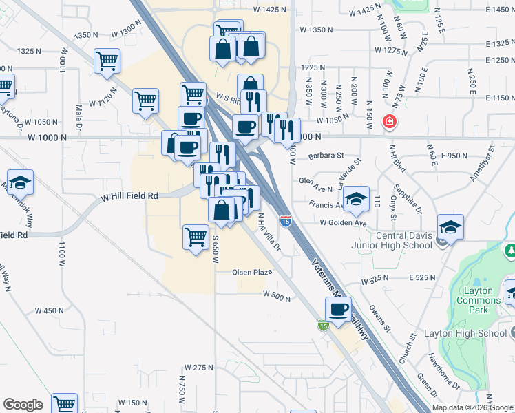 map of restaurants, bars, coffee shops, grocery stores, and more near 789 North Hill Villa Drive in Layton
