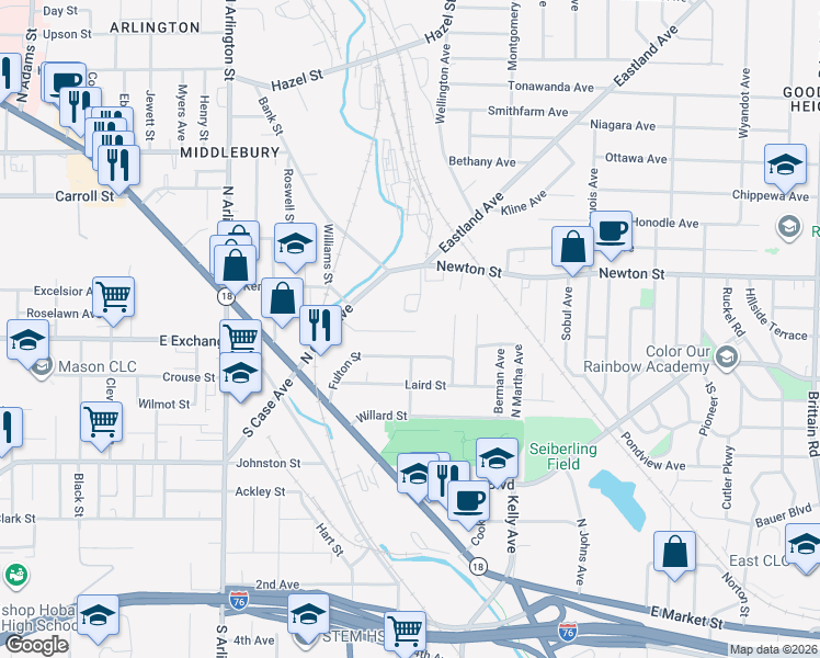 map of restaurants, bars, coffee shops, grocery stores, and more near 1085 Dublin St in Akron