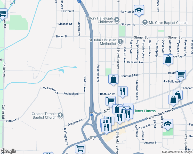 map of restaurants, bars, coffee shops, grocery stores, and more near 1390 Frederick Boulevard in Akron