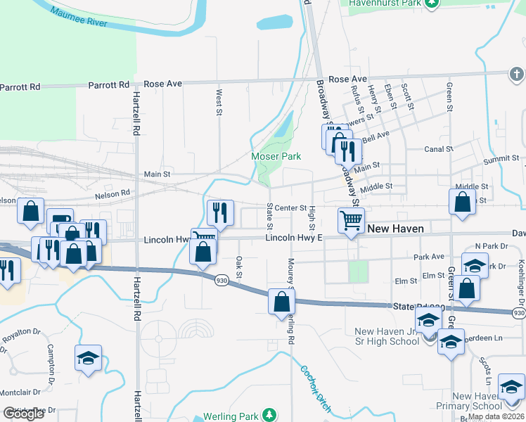 map of restaurants, bars, coffee shops, grocery stores, and more near 534 Center Street in New Haven