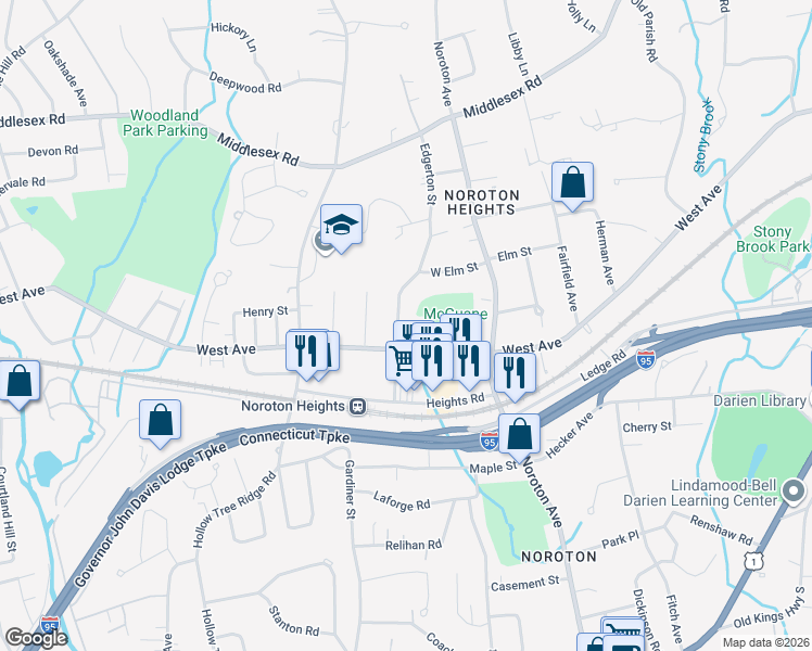 map of restaurants, bars, coffee shops, grocery stores, and more near 63 Edgerton Street in Darien