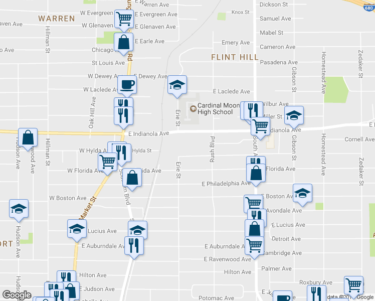 map of restaurants, bars, coffee shops, grocery stores, and more near 220 Marmion Avenue in Youngstown