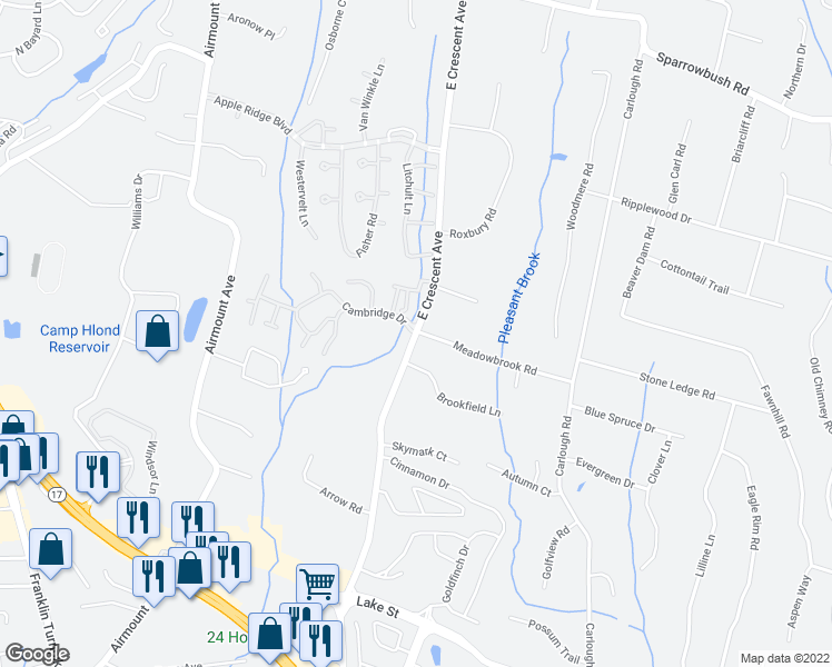 map of restaurants, bars, coffee shops, grocery stores, and more near 725 East Crescent Avenue in Ramsey