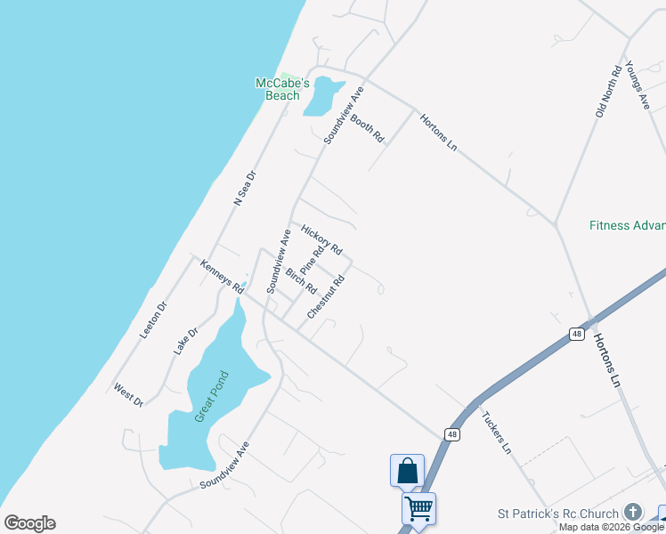 map of restaurants, bars, coffee shops, grocery stores, and more near 150 Maple Road in Southold