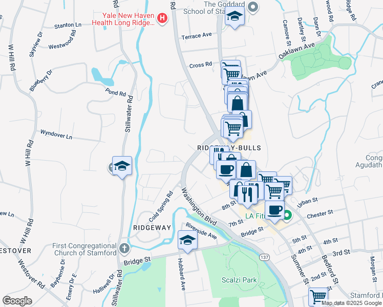 map of restaurants, bars, coffee shops, grocery stores, and more near 51 Cold Spring Road in Stamford