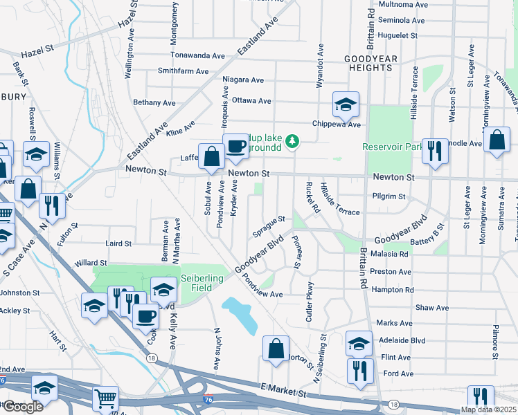 map of restaurants, bars, coffee shops, grocery stores, and more near 320 Para Avenue in Akron