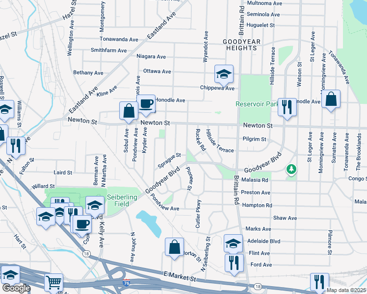 map of restaurants, bars, coffee shops, grocery stores, and more near 314 Pioneer Street in Akron