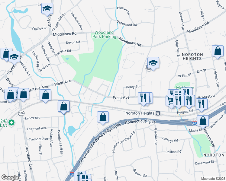 map of restaurants, bars, coffee shops, grocery stores, and more near 7 Oak Park Avenue in Darien