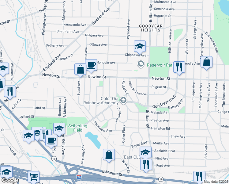 map of restaurants, bars, coffee shops, grocery stores, and more near 314 Pioneer Street in Akron