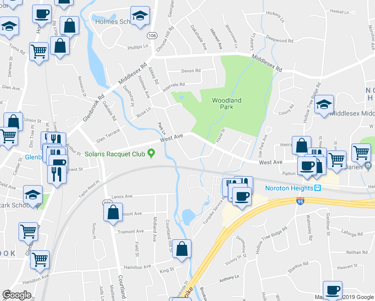 map of restaurants, bars, coffee shops, grocery stores, and more near 89 Holmes Avenue in Darien