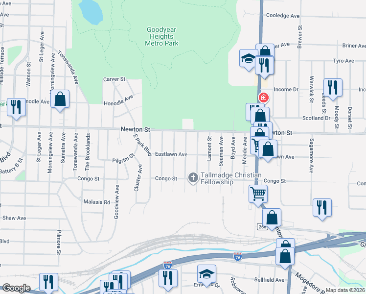 map of restaurants, bars, coffee shops, grocery stores, and more near 476 Newell Avenue in Akron