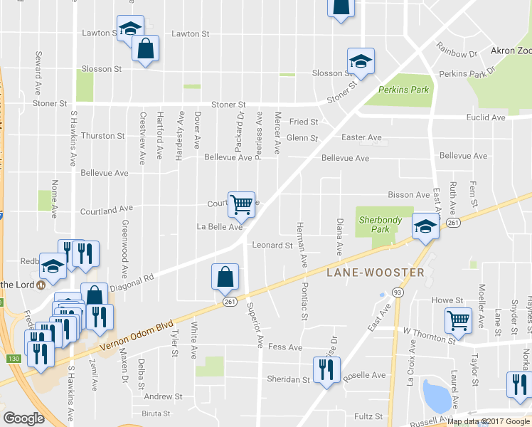 map of restaurants, bars, coffee shops, grocery stores, and more near 1265 Diagonal Road in Akron