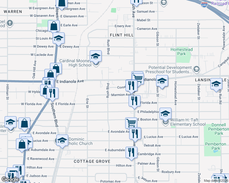 map of restaurants, bars, coffee shops, grocery stores, and more near 324 Marmion Avenue in Youngstown