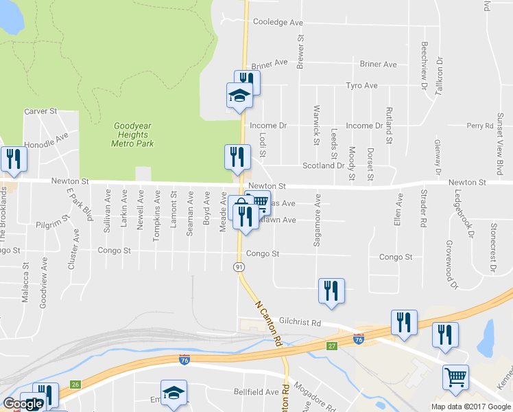 map of restaurants, bars, coffee shops, grocery stores, and more near 2300 Nicholas Avenue in Akron